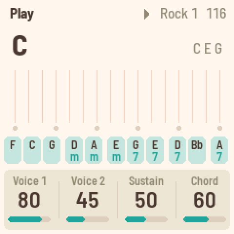 FoMni's screen: the chord C, the strings, the chord buttons F C G Dm Am Em E7 D7 Bb A7