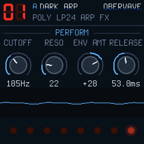 OberVave's PERFORM page: cutoff, resonance, envelope, release