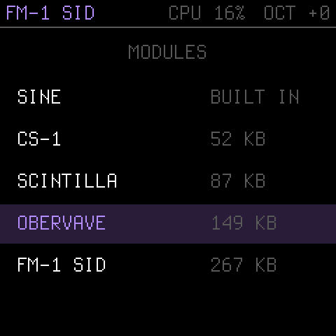 The picker: SINE, CS-1, SCINTILLA, OBERVAVE, FM-1 SID with their sizes